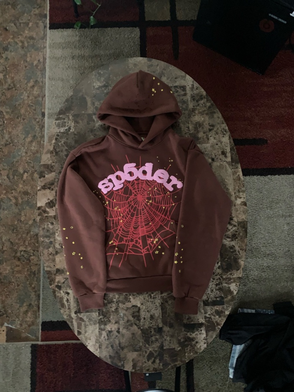 Brown Spider-Graphic Hoodie with Pink Logo